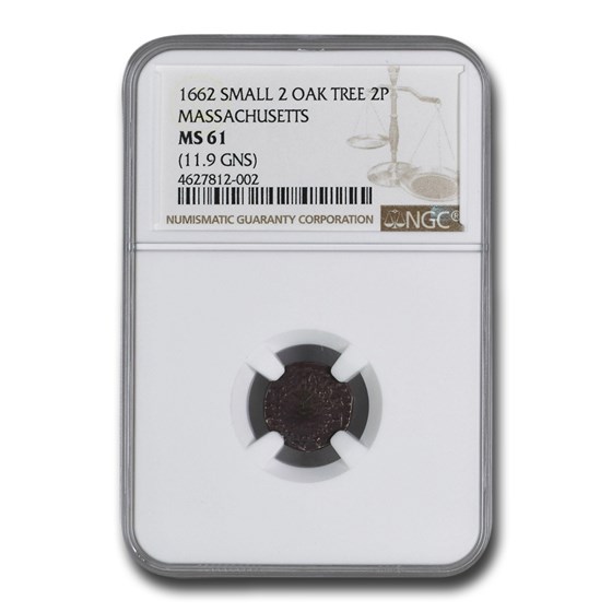 1662 Massachusetts Two Pence MS-61 NGC (Small 2, Oak Tree) 1662 Massachusetts Two Pence MS-61 NGC (Small 2, Oak Tree)